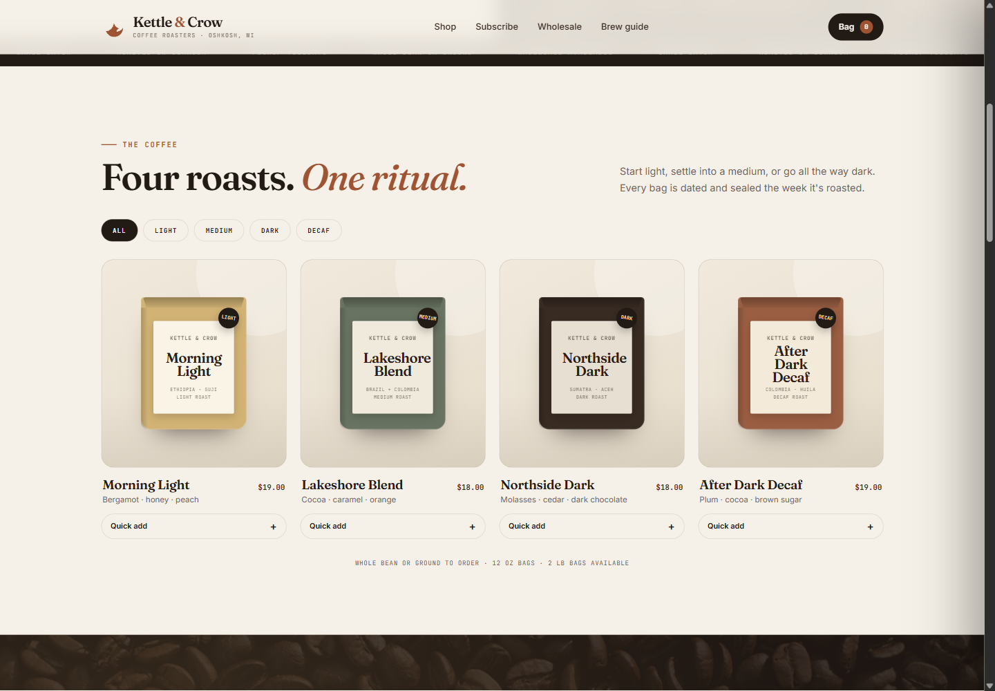 Kettle and Crow shop section with four roast cards, filters and quick add