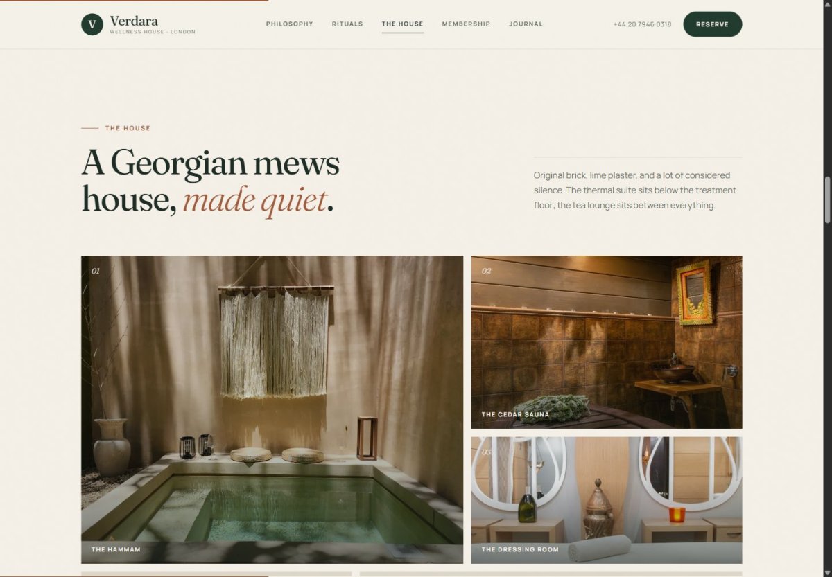 Verdara house section with asymmetric photography of the hammam, sauna and dressing room