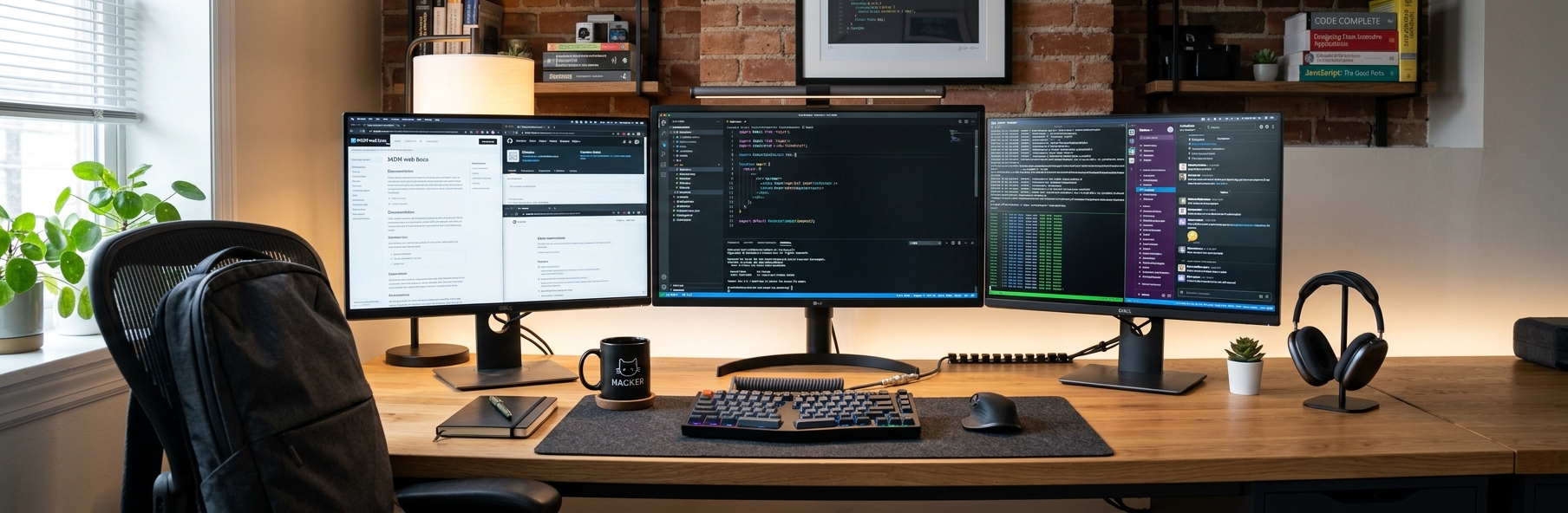 Inside TDS Designs — three-monitor workspace